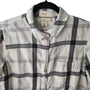 L.O.G.G. H&M Womens Plaid Button Down Shirt White Black Regular Fit Size 8 Camp